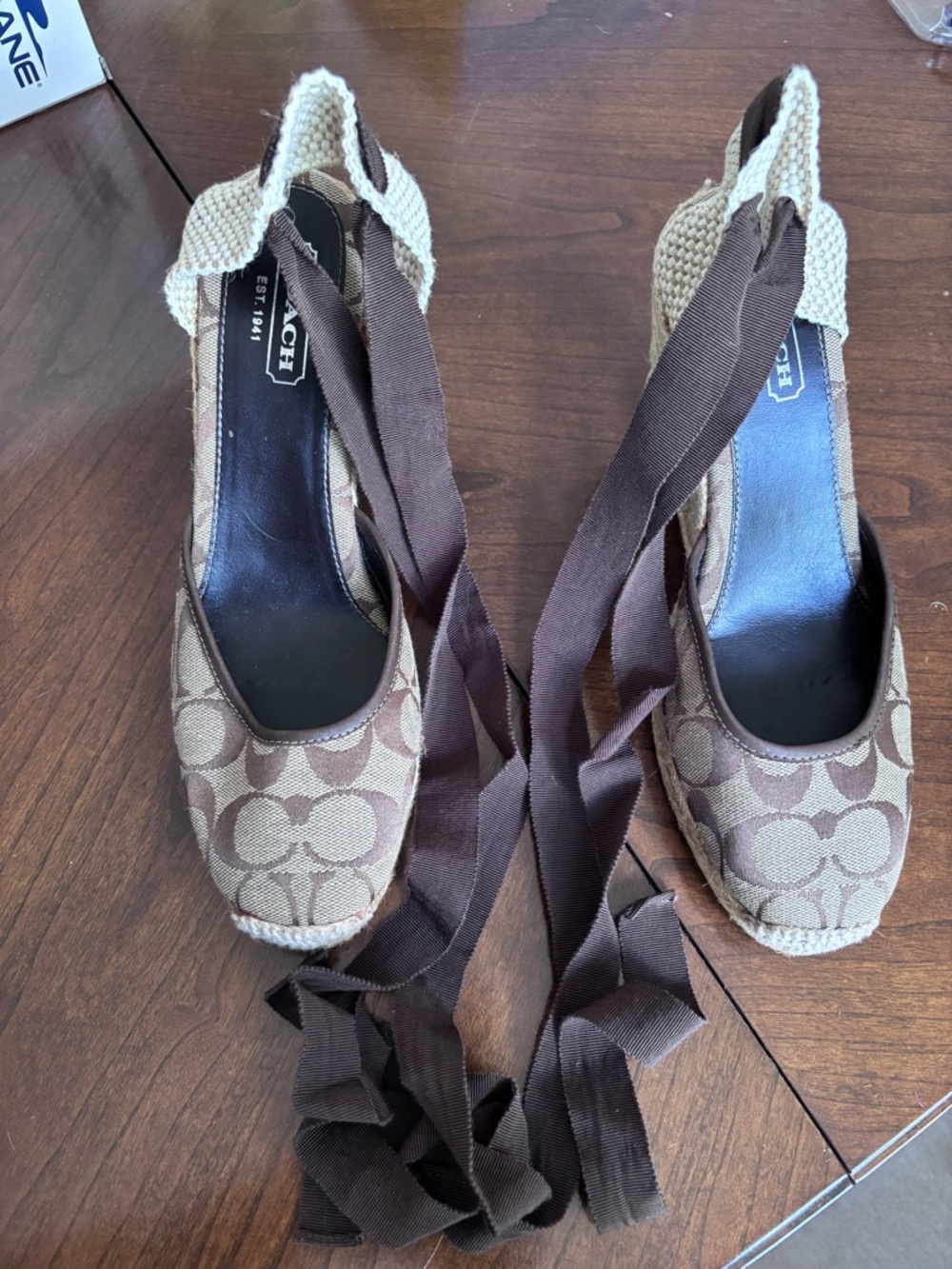 Coach Mindy Brown Signature Canvas Espadrille Wedges with Ankle Wraps
